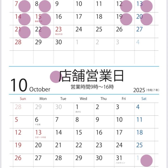 《8/31(日)〜11/1(土)店舗営業日と休業中の商品お買い求め先のお知らせ》